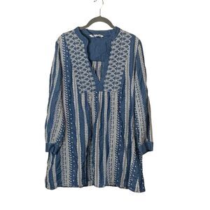 ZARA Blue & White Tunic  Embroidered Top Blouse Size XL Denim Boho Western